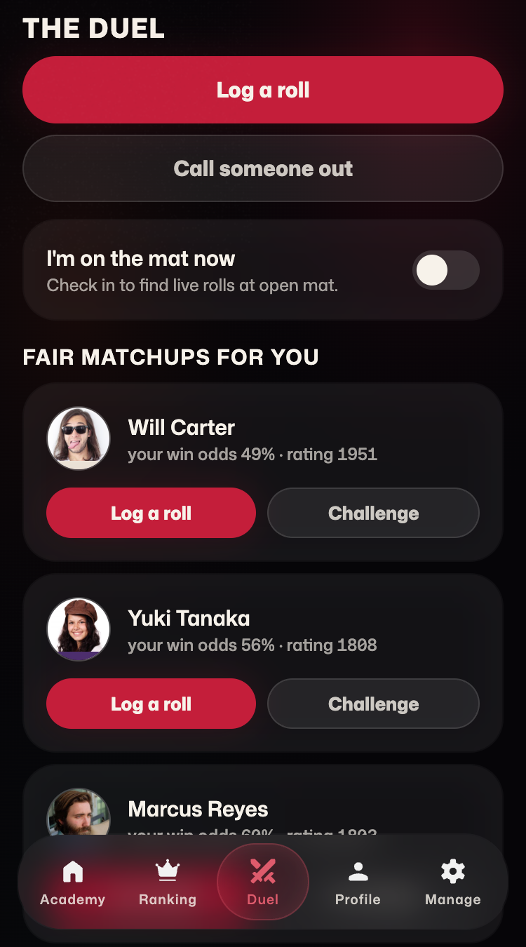 Duel screen: log a roll or challenge a teammate
