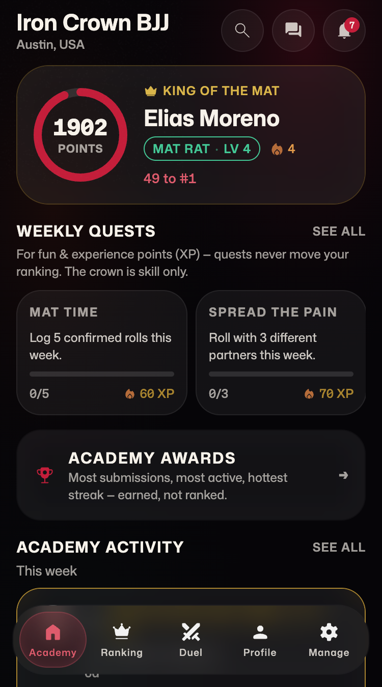 Academy feed with results, upsets and crown changes