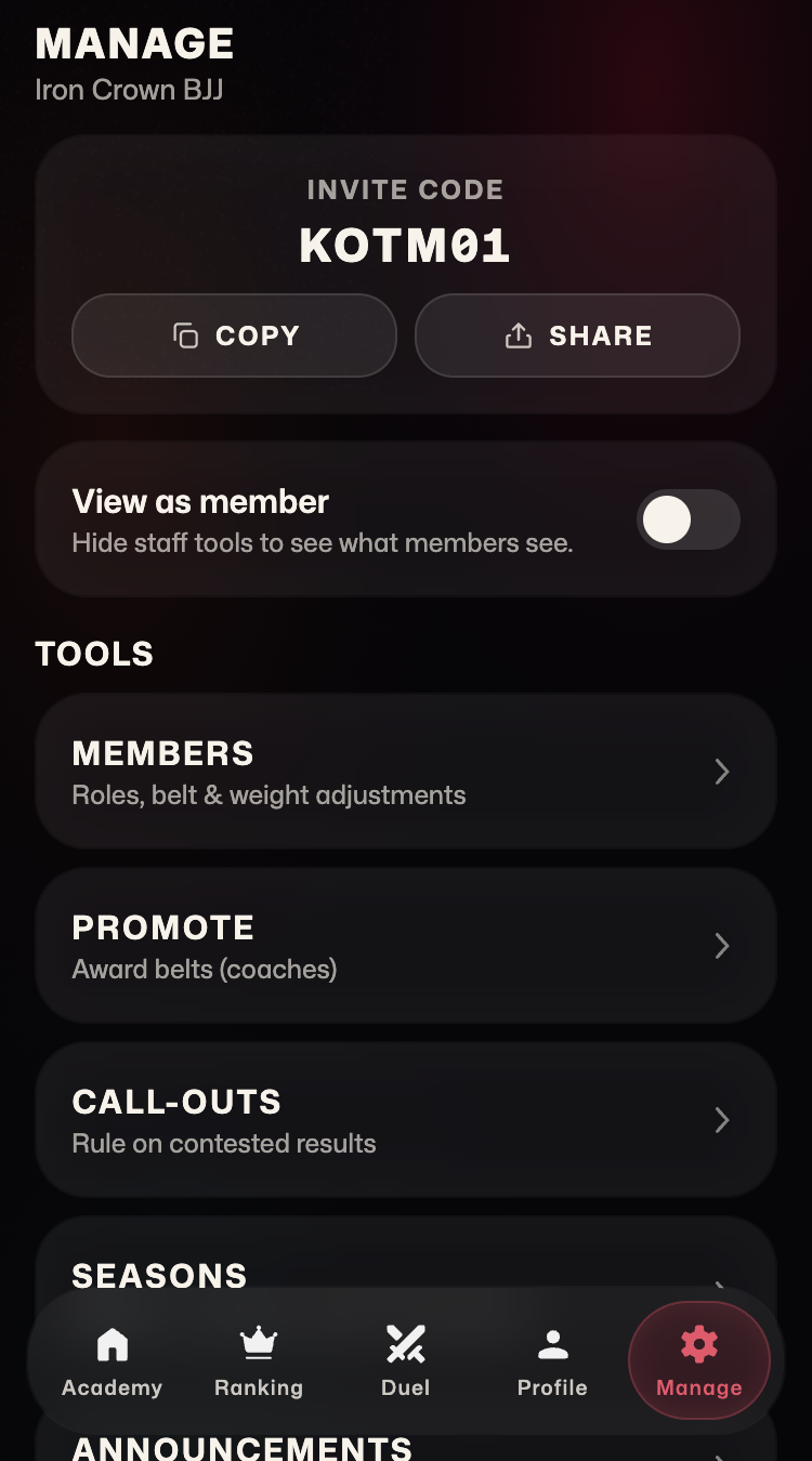 Coach tools: members, call-outs, seasons and announcements